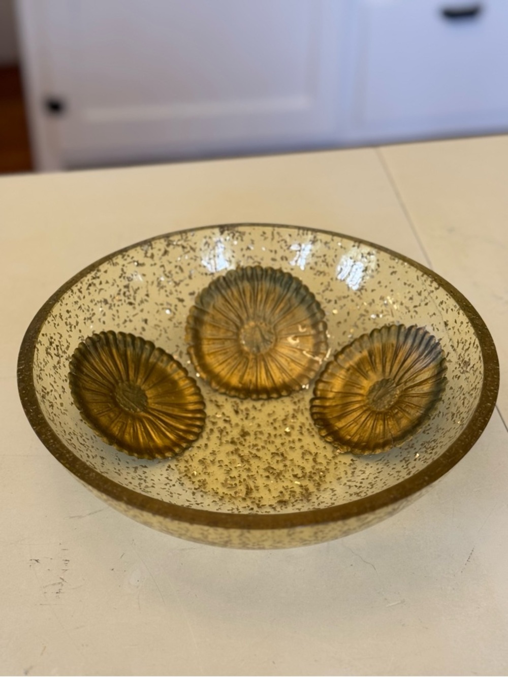 Vintage MCM Gold Glitter Lucite Bowl | Metal Daisy Inserts | Hollywood Regency